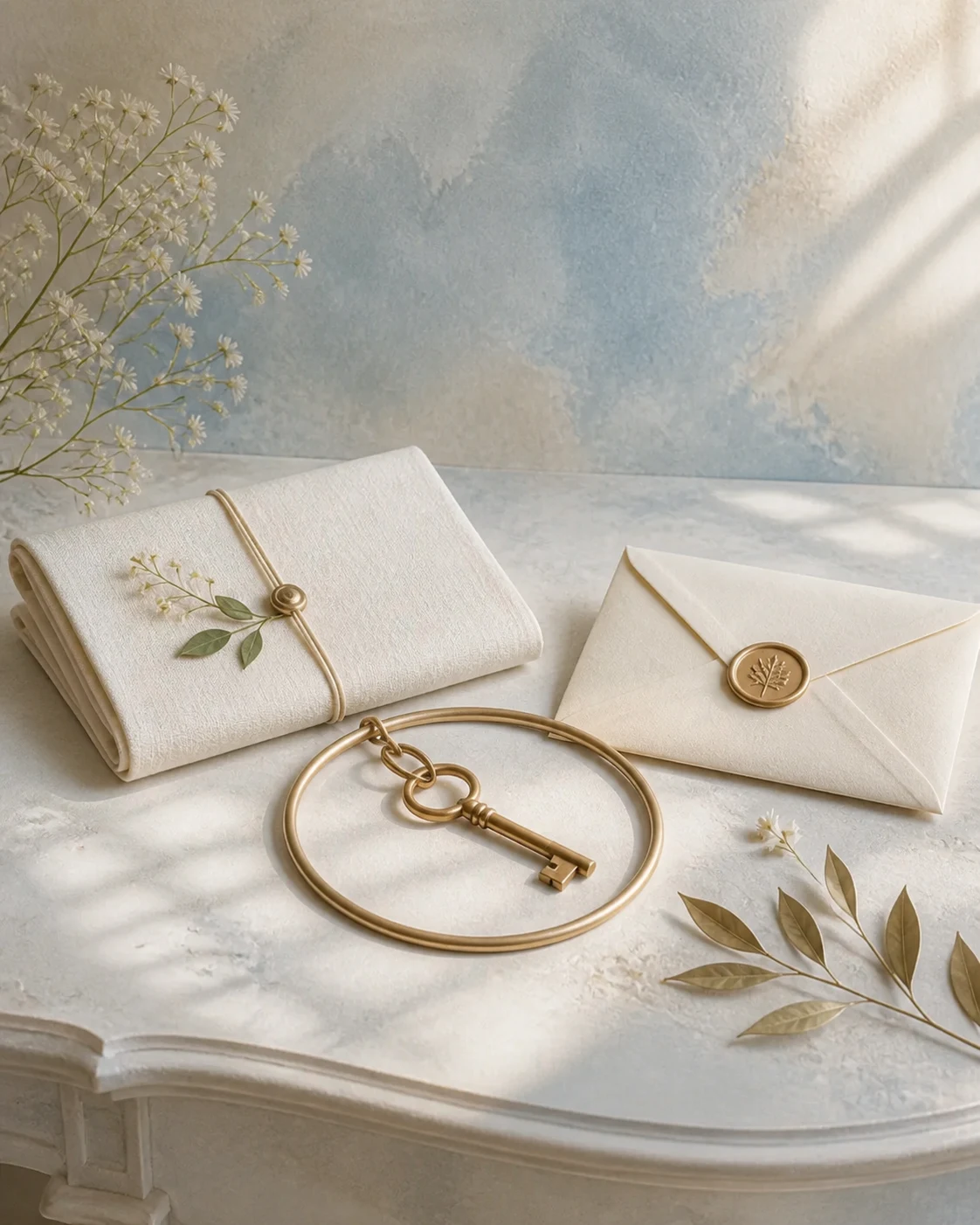 A sealed letter, wishes folio and handoff key arranged on a quiet writing table