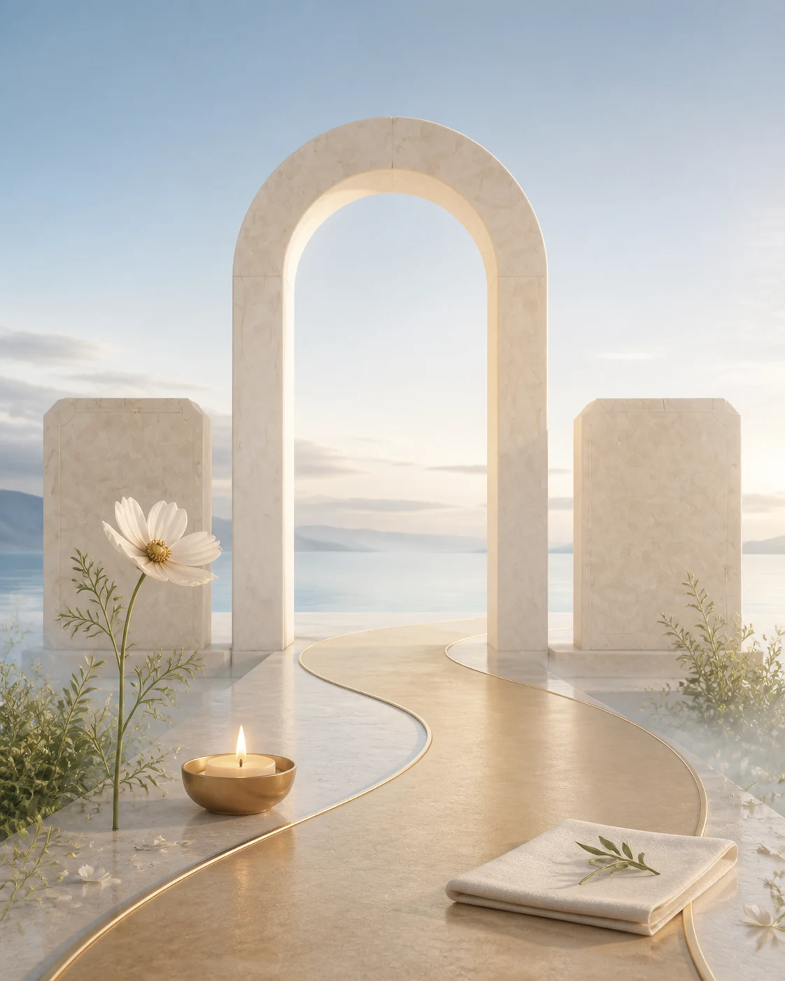A luminous memorial arch opening onto a calm horizon with a flower, candle and returning path
