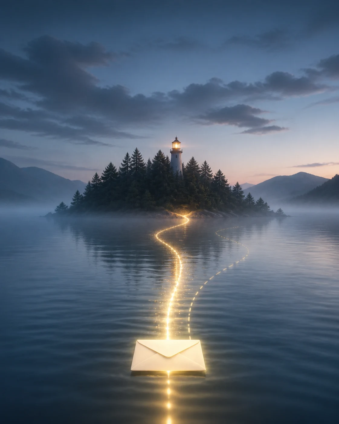 A sealed message crossing quiet water toward a lighthouse along an exact path of light