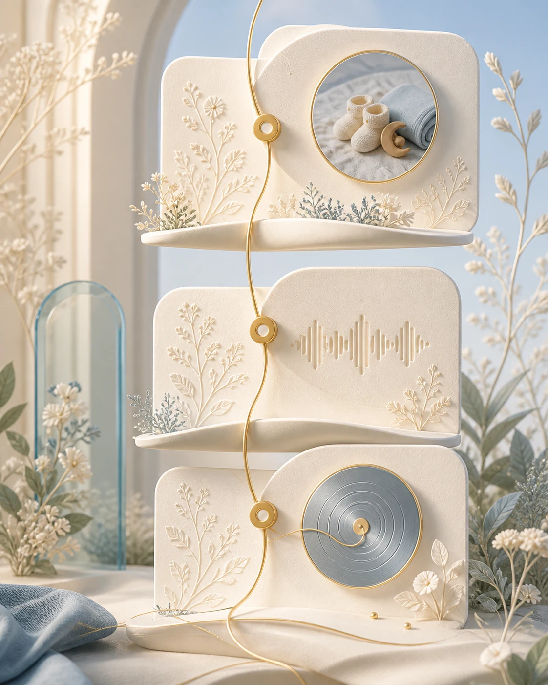 A life timeline linking photographs, voice and music with one continuous golden thread